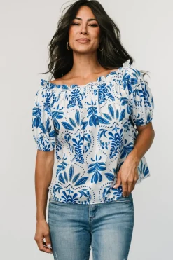 Hot Baltic Born Santorini Off Shoulder Top | White + Blue White+Blue