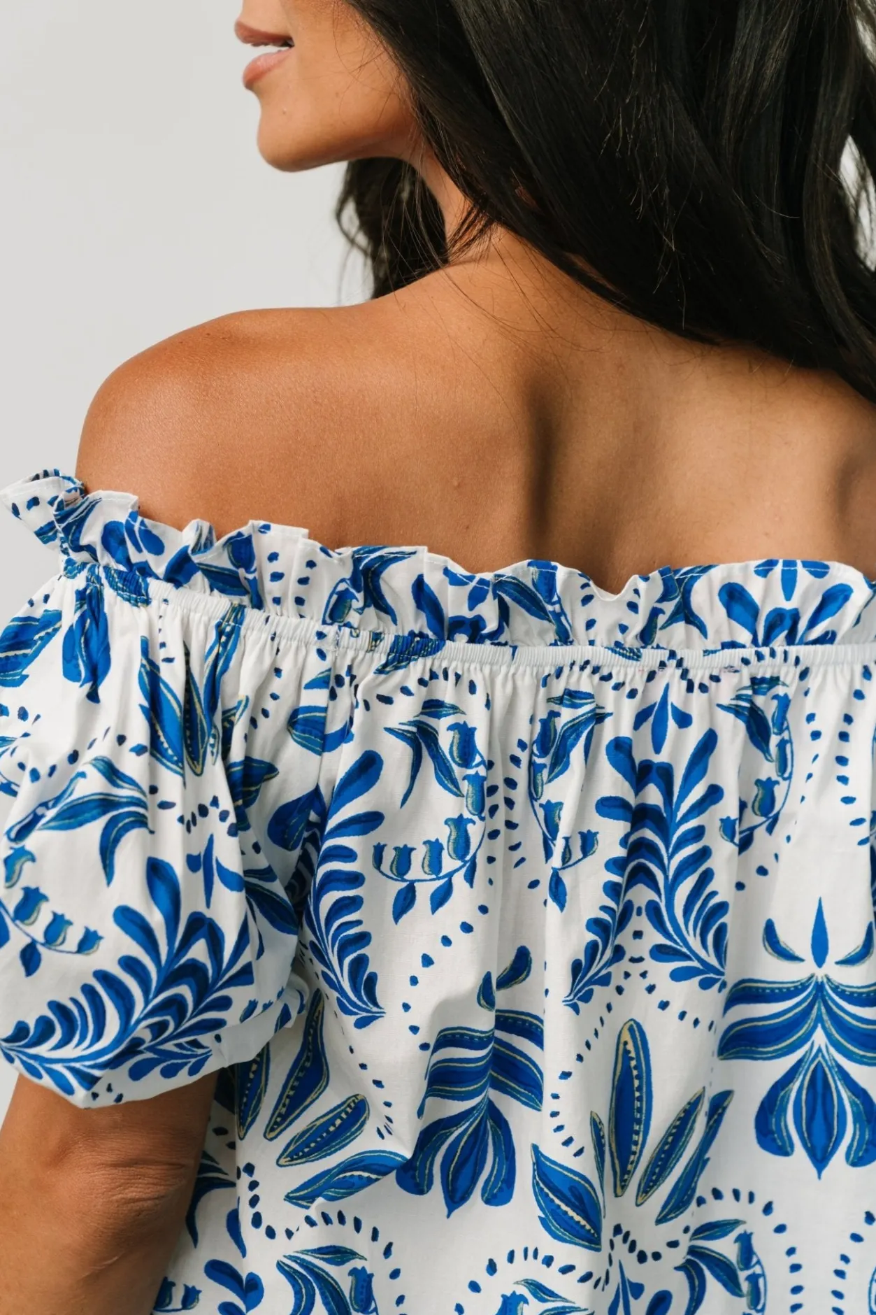 Hot Baltic Born Santorini Off Shoulder Top | White + Blue White+Blue