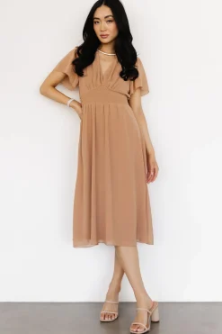 New Baltic Born Sarah Smocked Midi Dress | Dusty Camel DustyCamel