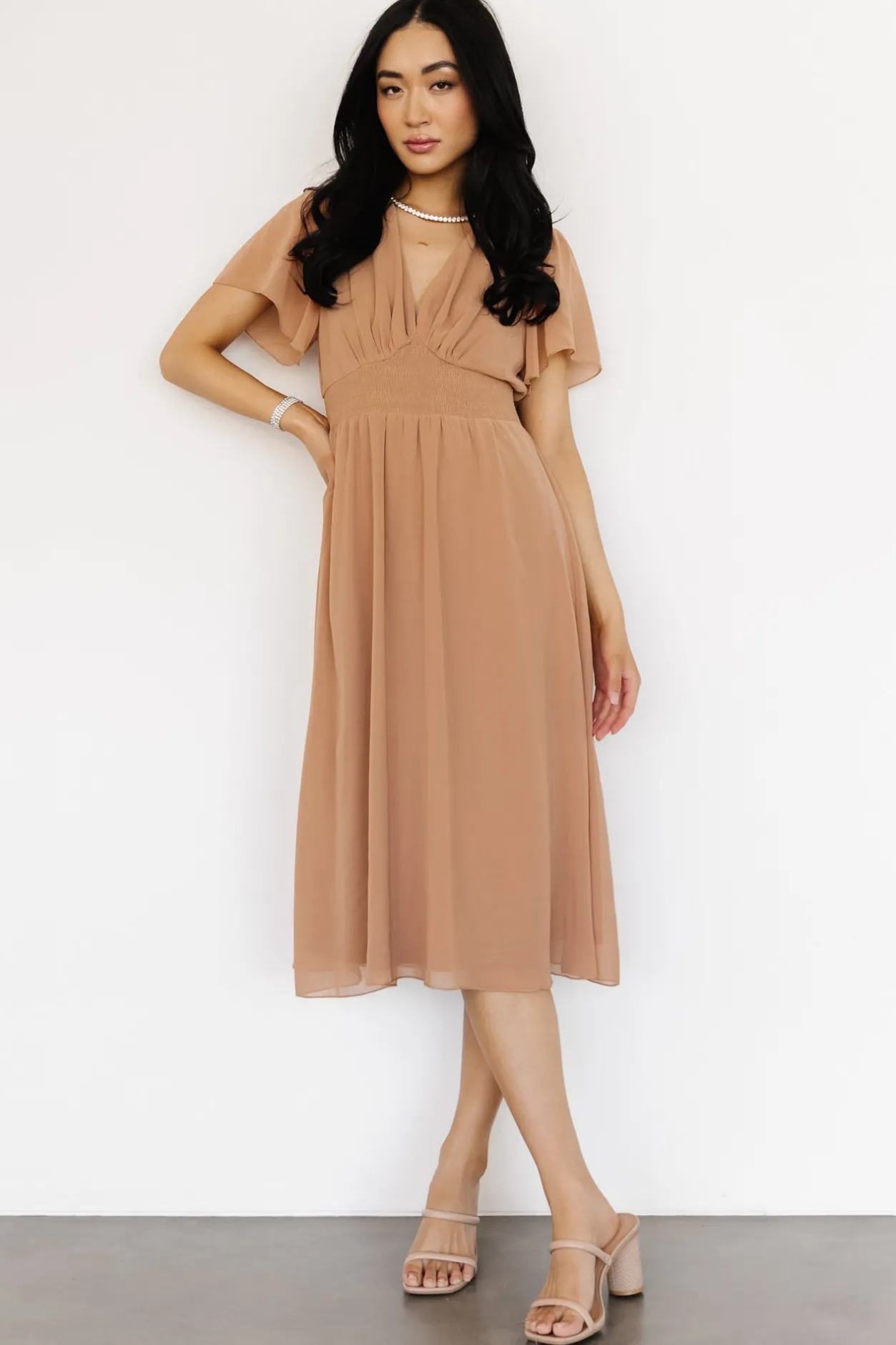 New Baltic Born Sarah Smocked Midi Dress | Dusty Camel DustyCamel