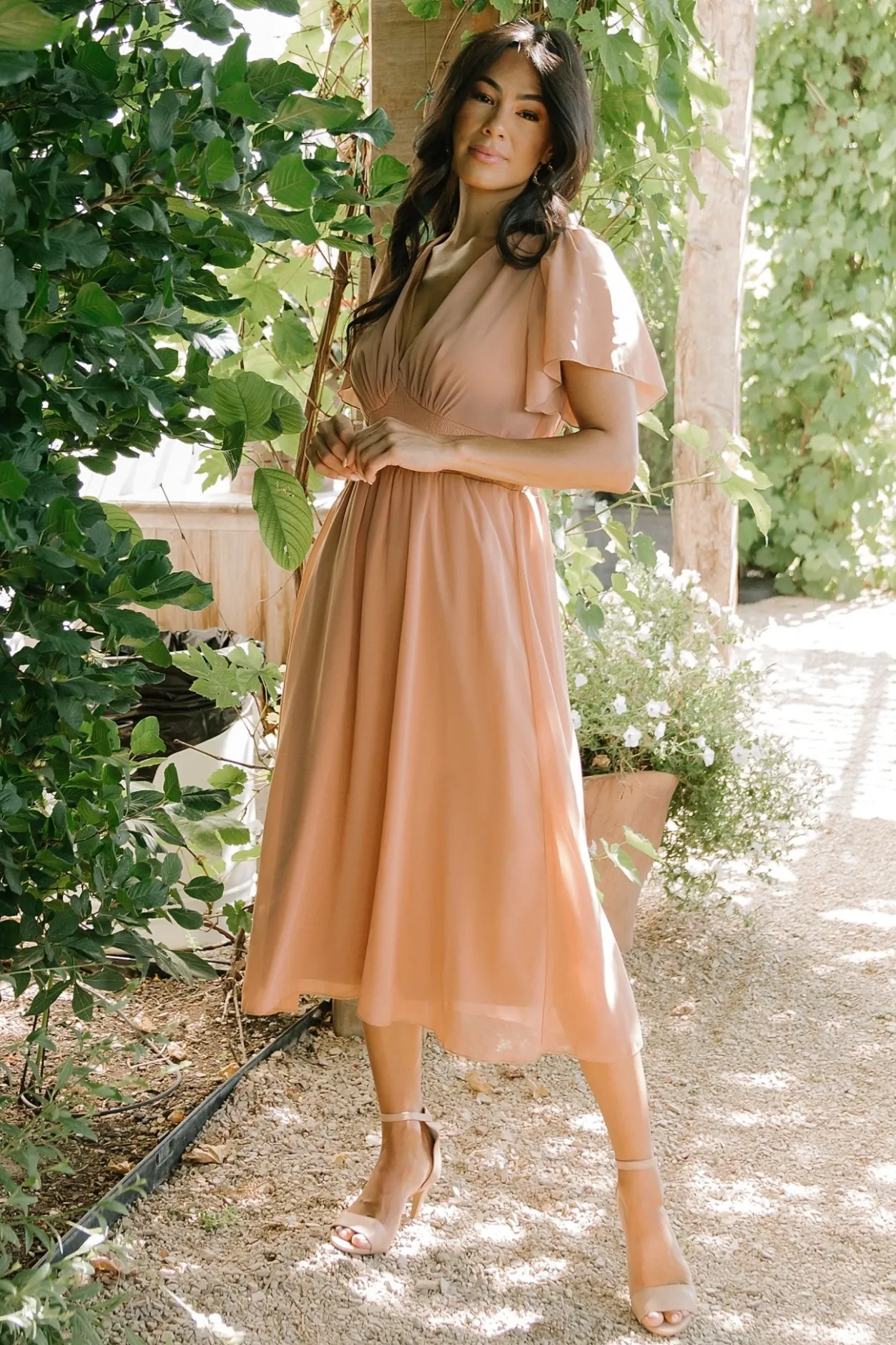 New Baltic Born Sarah Smocked Midi Dress | Dusty Camel DustyCamel