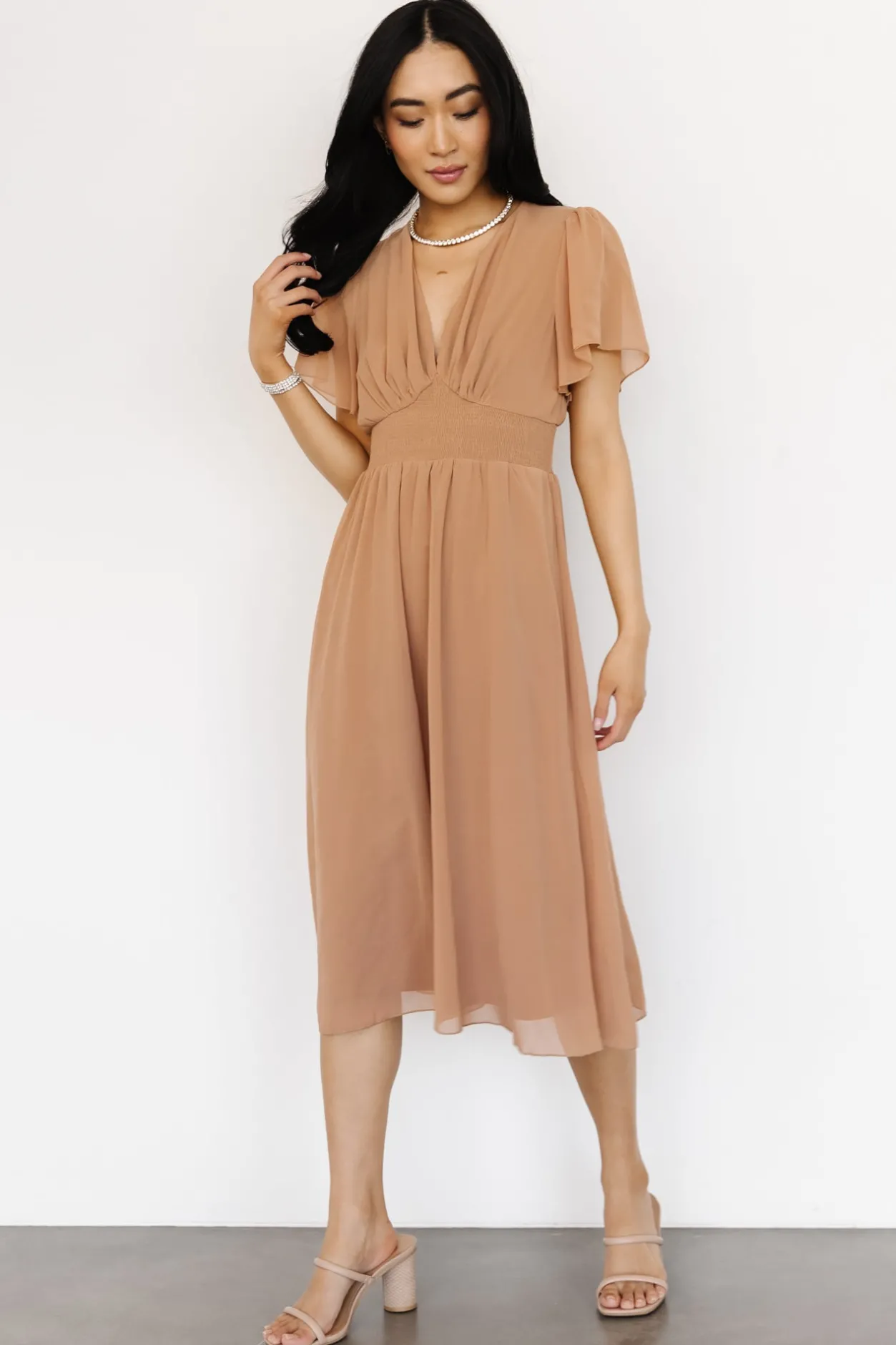 New Baltic Born Sarah Smocked Midi Dress | Dusty Camel DustyCamel