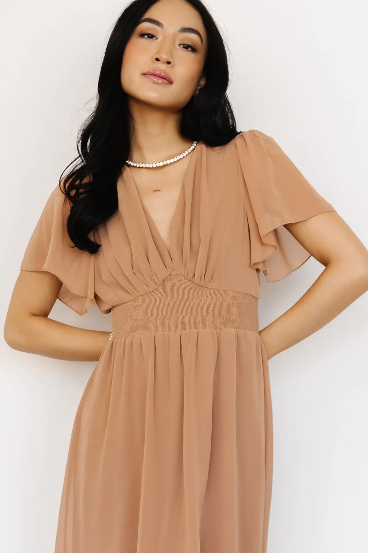 New Baltic Born Sarah Smocked Midi Dress | Dusty Camel DustyCamel