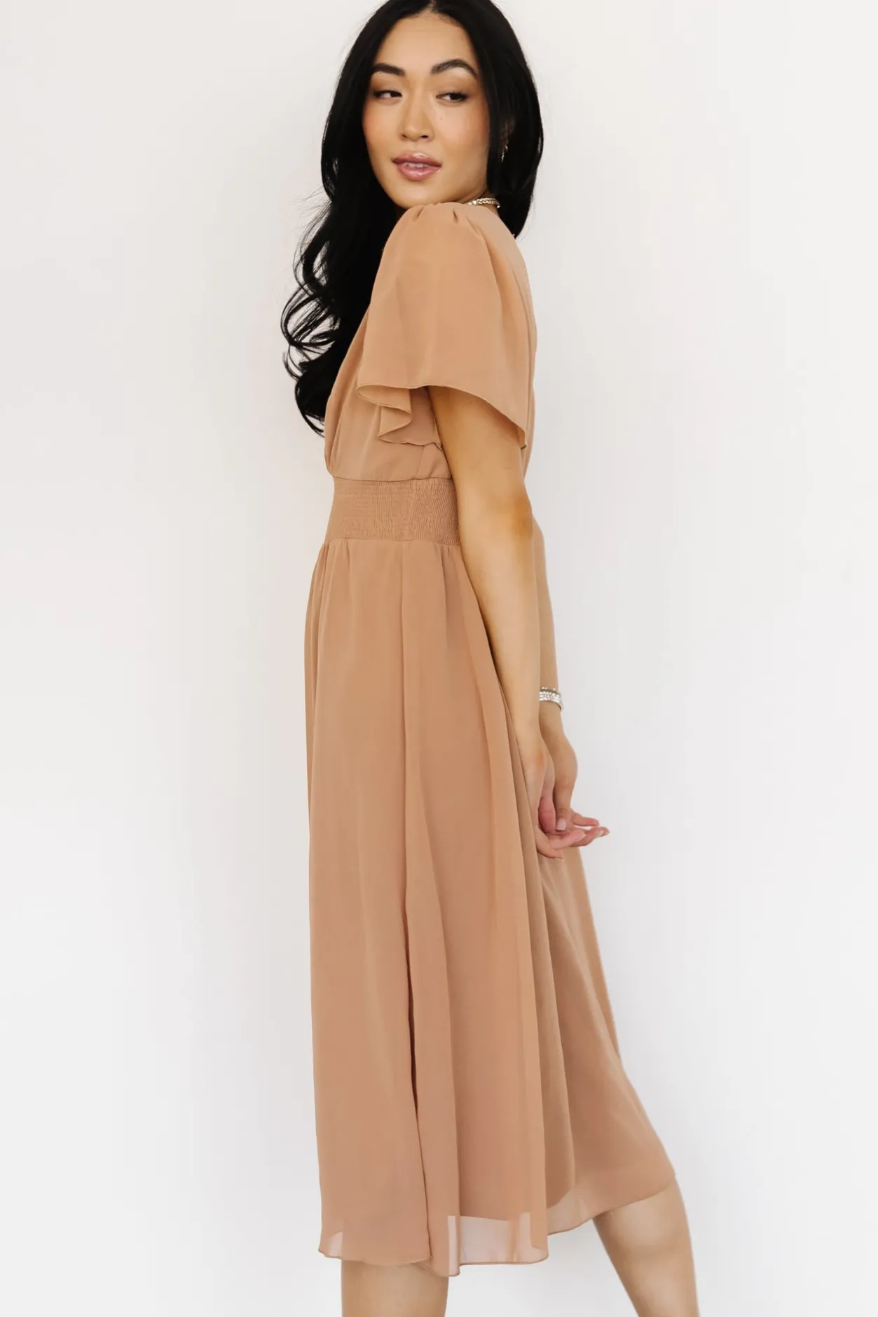 New Baltic Born Sarah Smocked Midi Dress | Dusty Camel DustyCamel