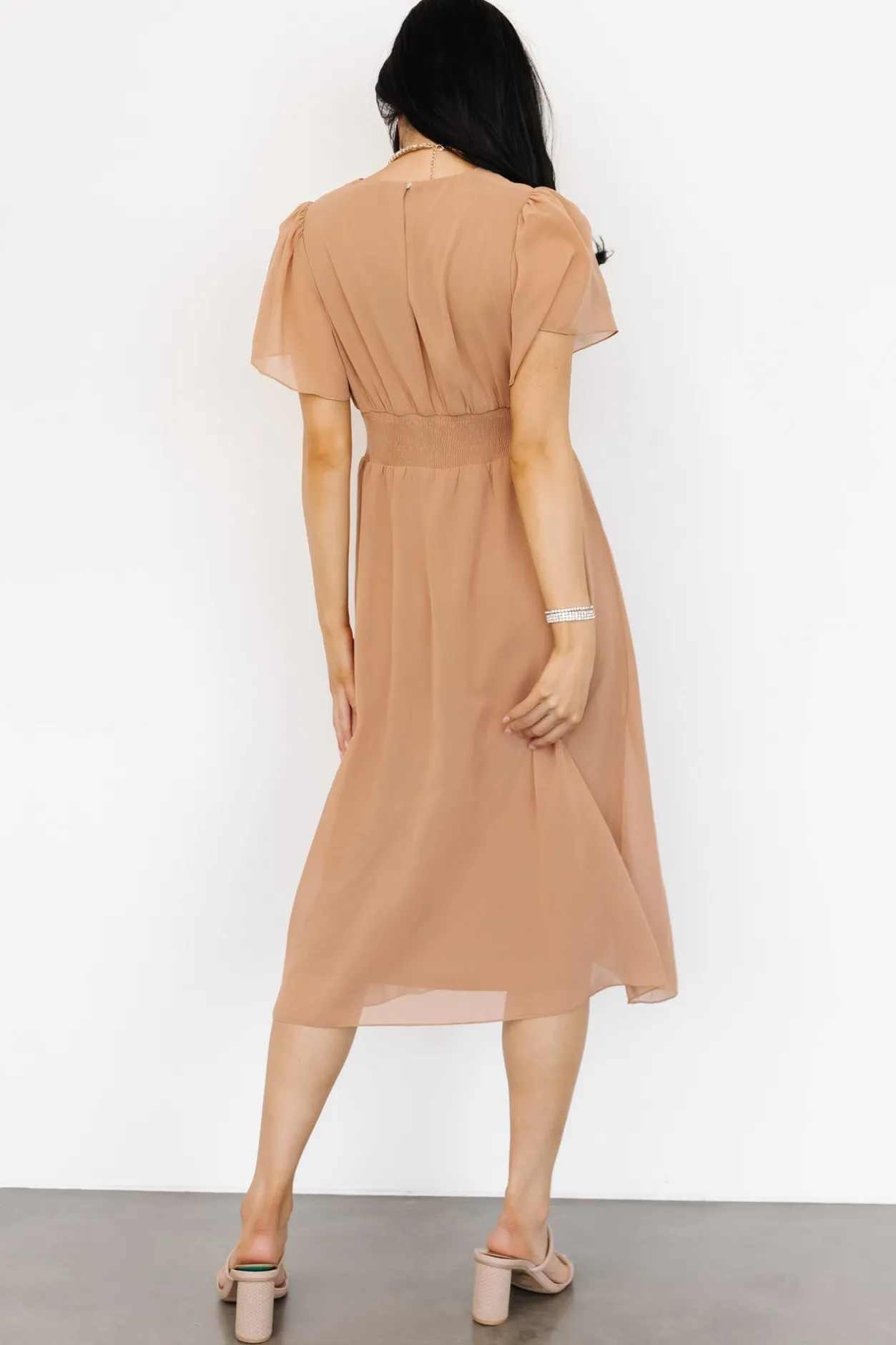 New Baltic Born Sarah Smocked Midi Dress | Dusty Camel DustyCamel
