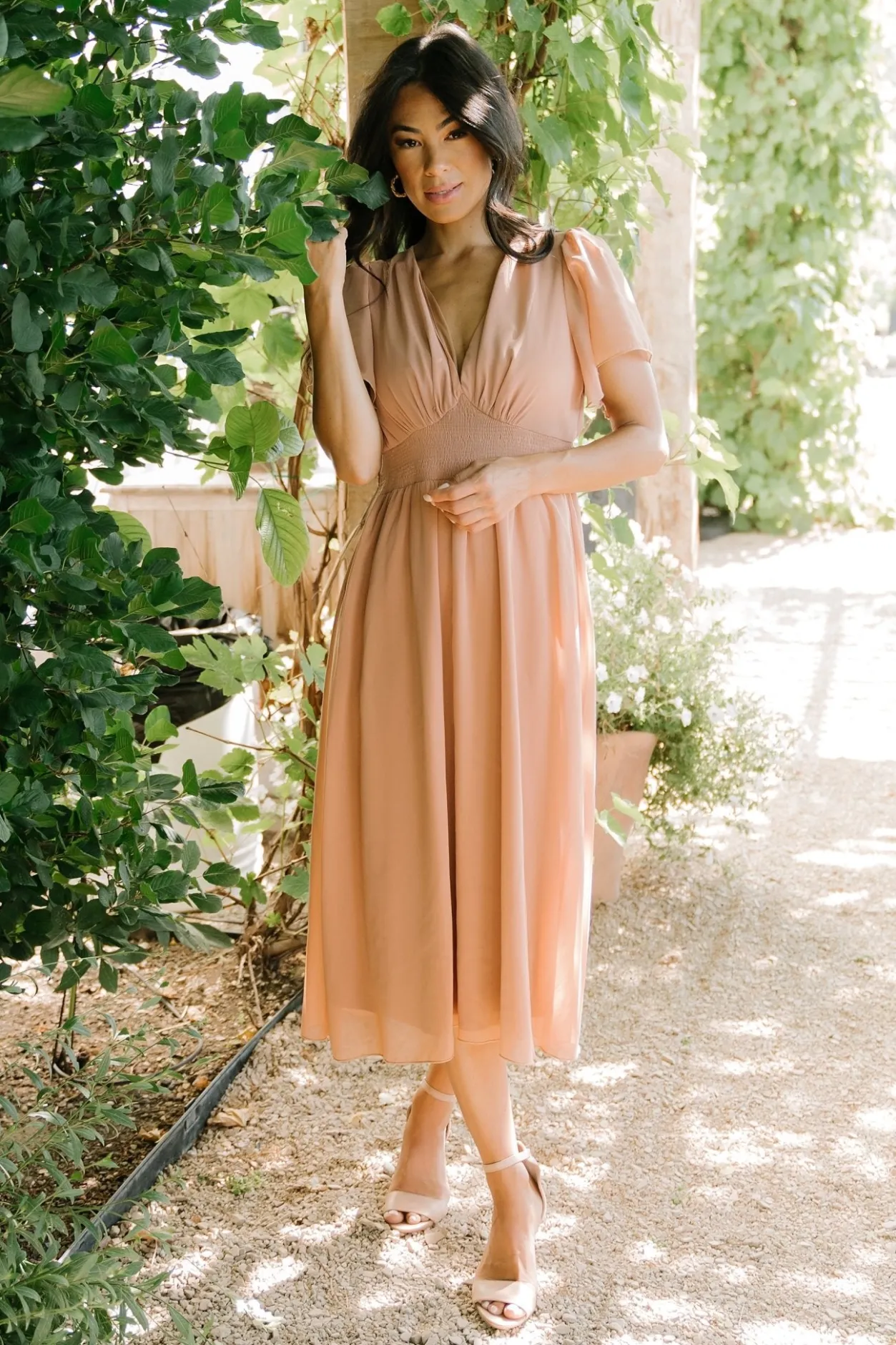 New Baltic Born Sarah Smocked Midi Dress | Dusty Camel DustyCamel