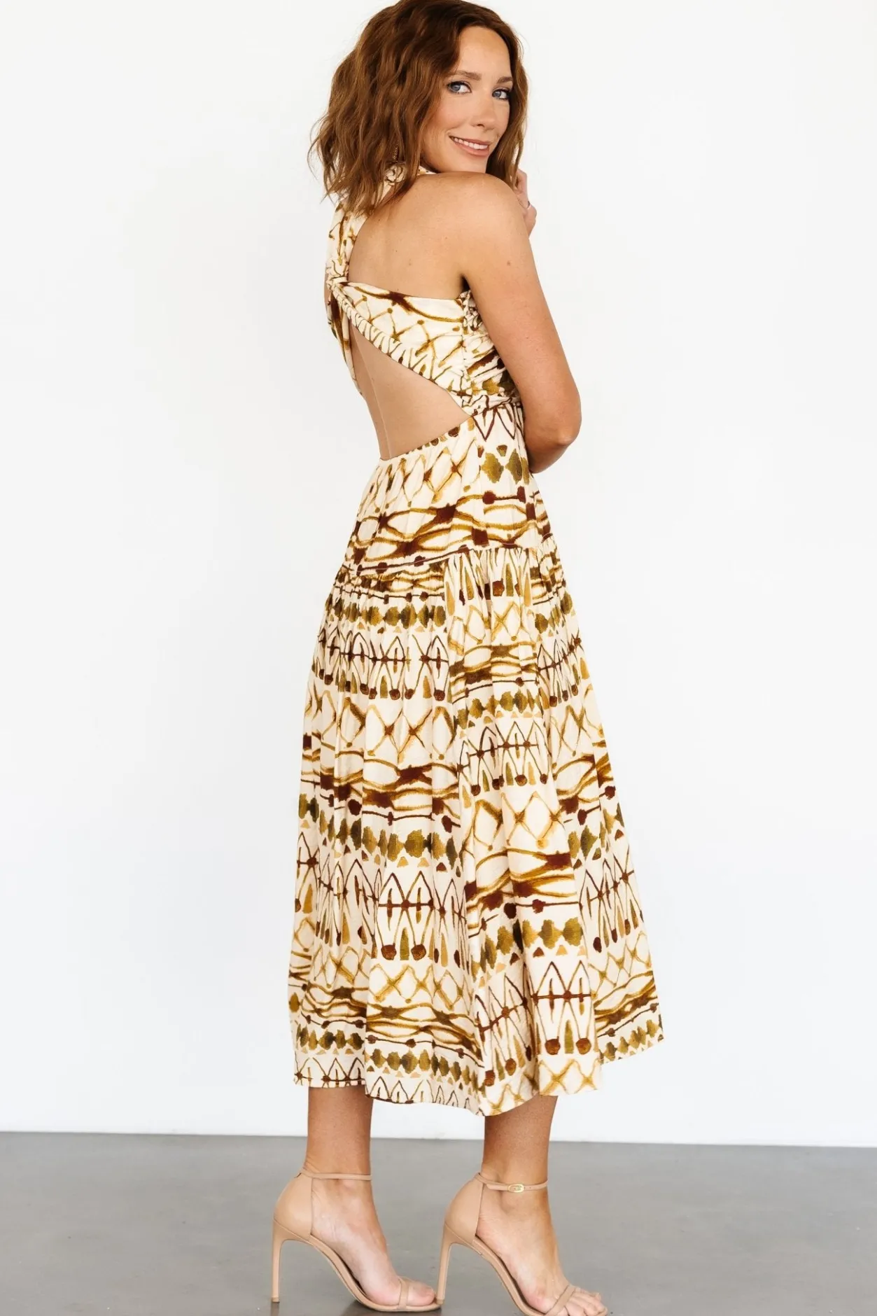 New Baltic Born Seraphina Open Back Midi Dress | Tan Multi TanMulti