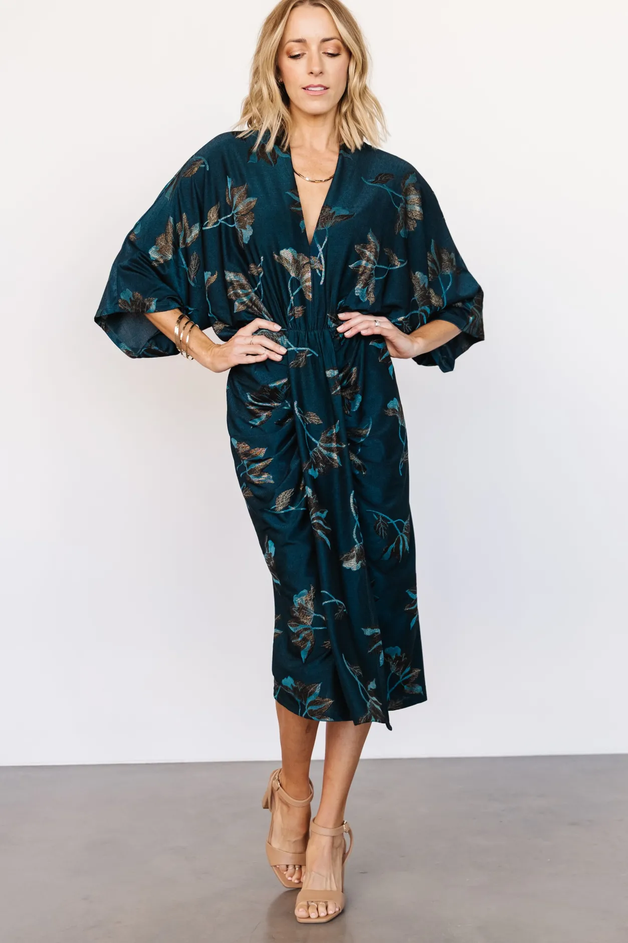 Discount Baltic Born Shaneen Ruched Midi Dress | Jade Floral Shimmer JadeFloralShimmer