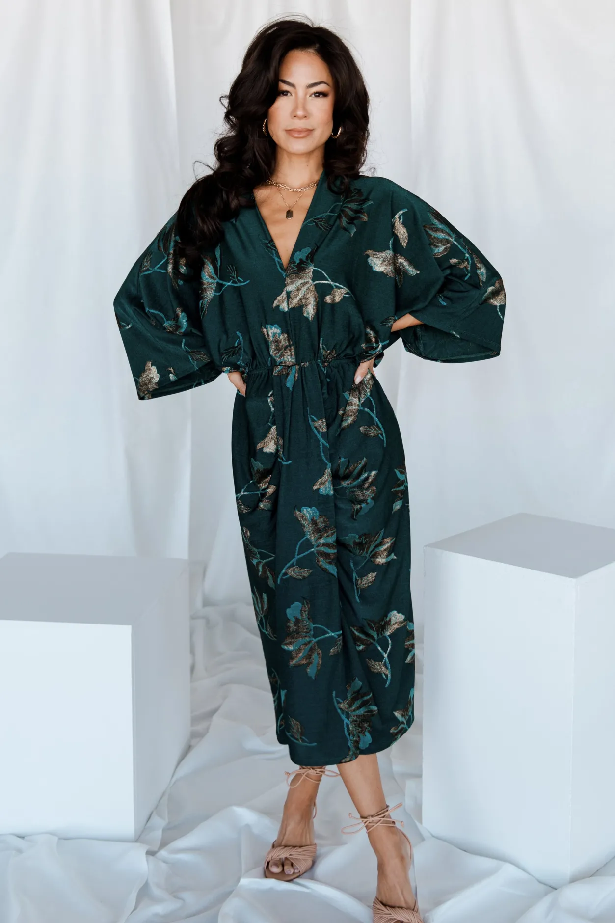 Discount Baltic Born Shaneen Ruched Midi Dress | Jade Floral Shimmer JadeFloralShimmer