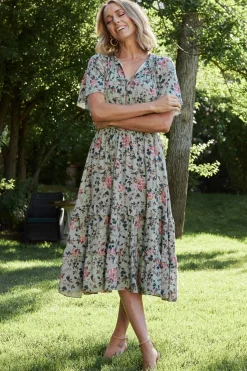 Sale Baltic Born Spell Boho Midi Dress | Sage + Pink Floral Sage+PinkFloral