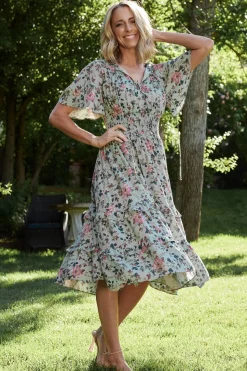 Sale Baltic Born Spell Boho Midi Dress | Sage + Pink Floral Sage+PinkFloral