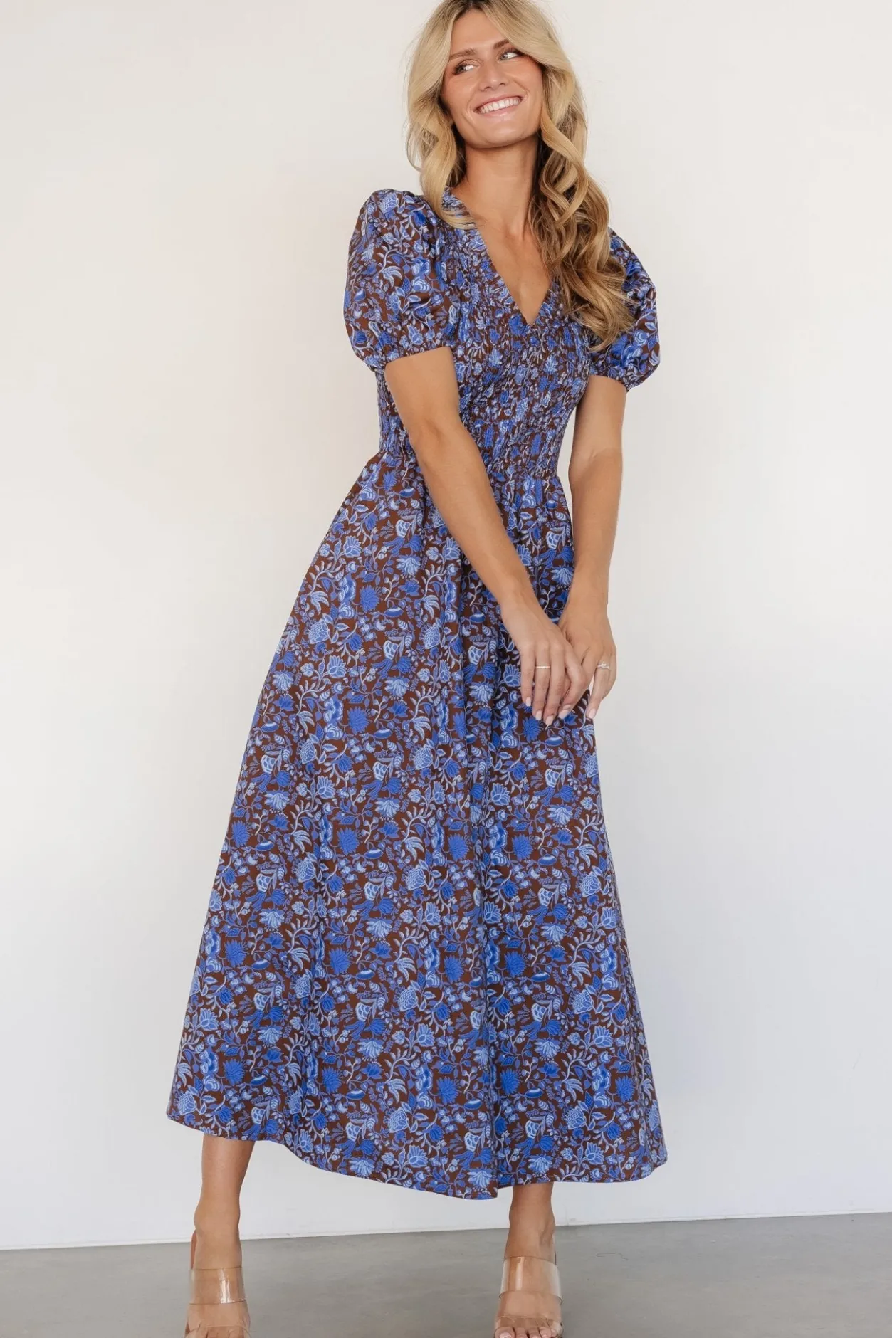 Best Baltic Born Stockton Smocked Dress | Brown + Blue Floral Brown+BlueFloral