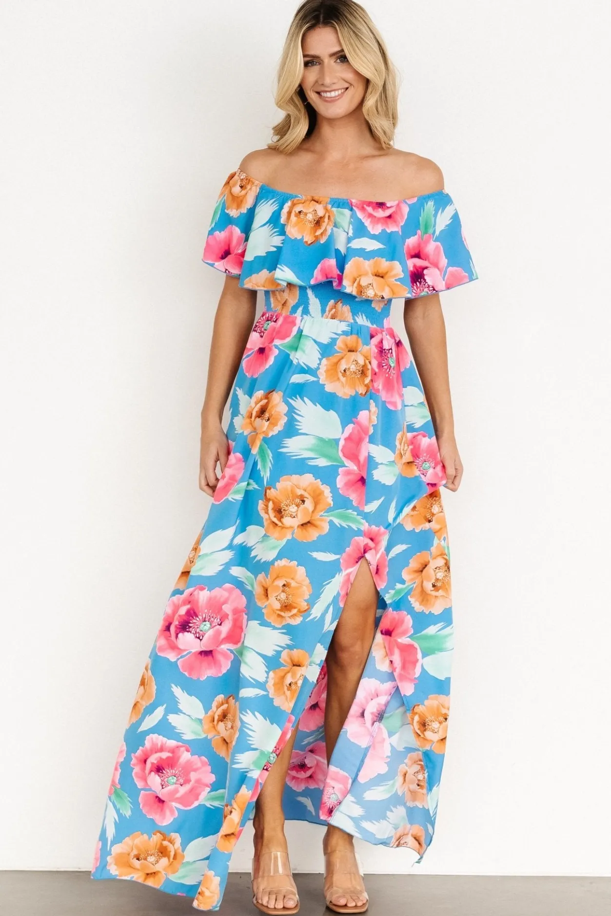 Clearance Baltic Born Talia Off Shoulder Maxi Dress | Sea Blue Floral SeaBlueFloral