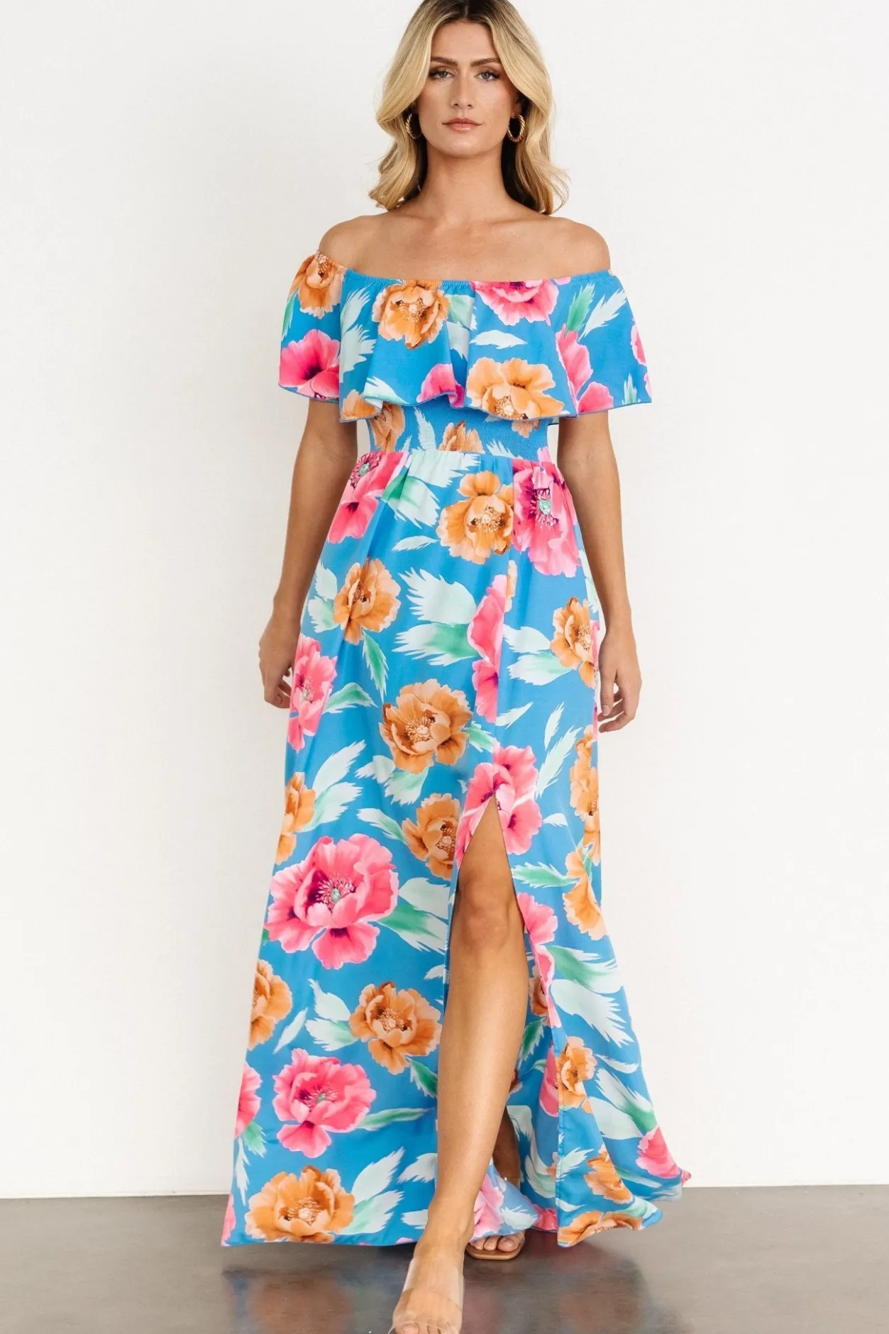 Clearance Baltic Born Talia Off Shoulder Maxi Dress | Sea Blue Floral SeaBlueFloral