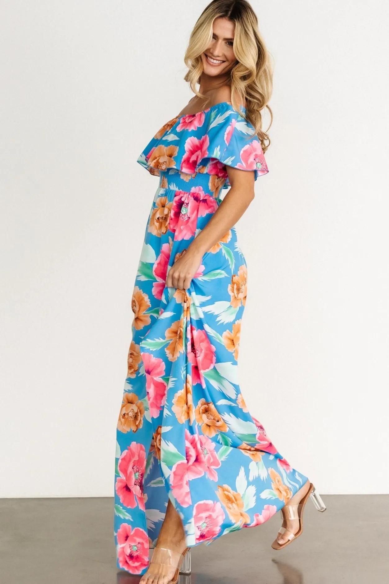 Clearance Baltic Born Talia Off Shoulder Maxi Dress | Sea Blue Floral SeaBlueFloral