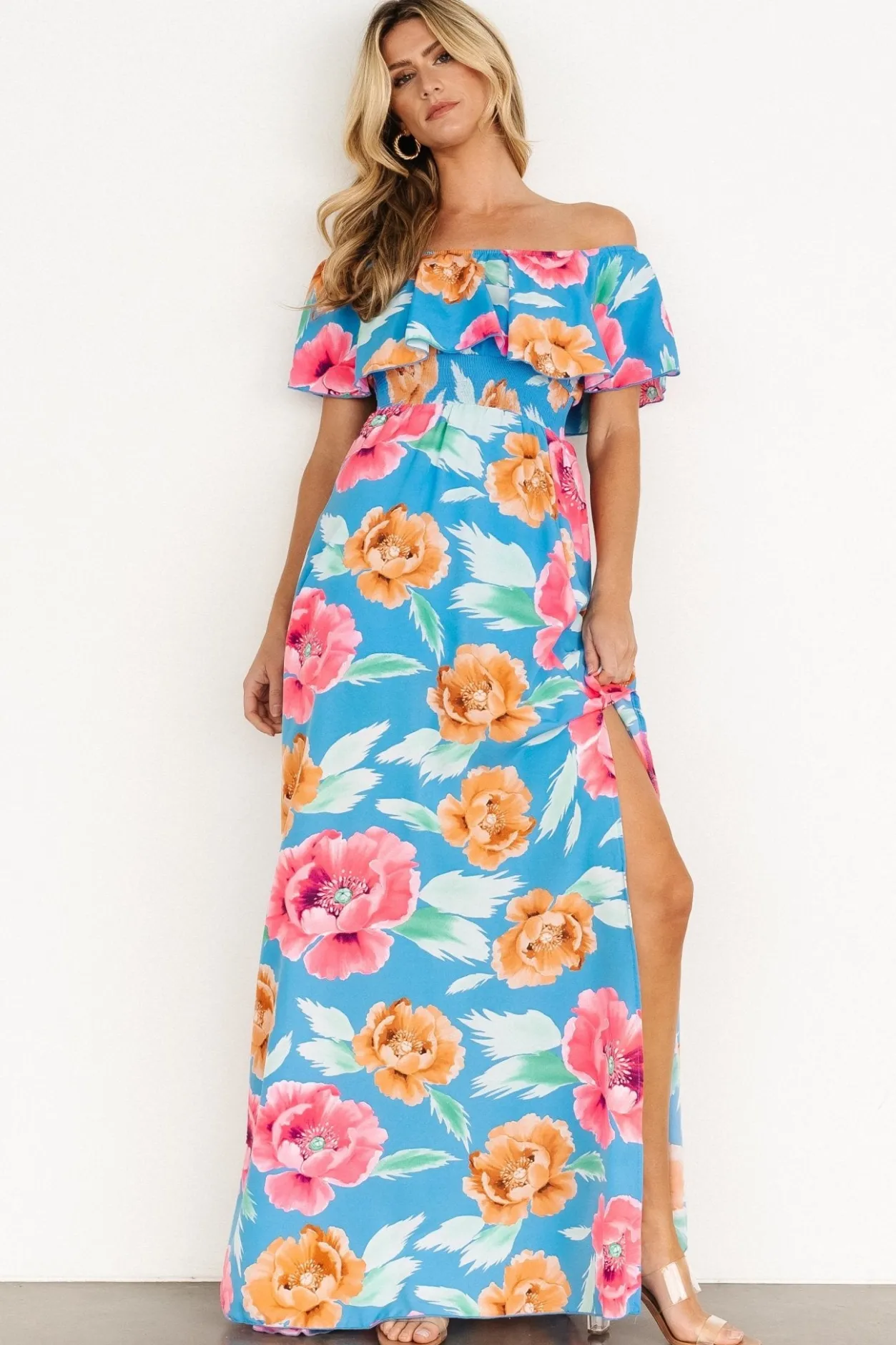 Clearance Baltic Born Talia Off Shoulder Maxi Dress | Sea Blue Floral SeaBlueFloral