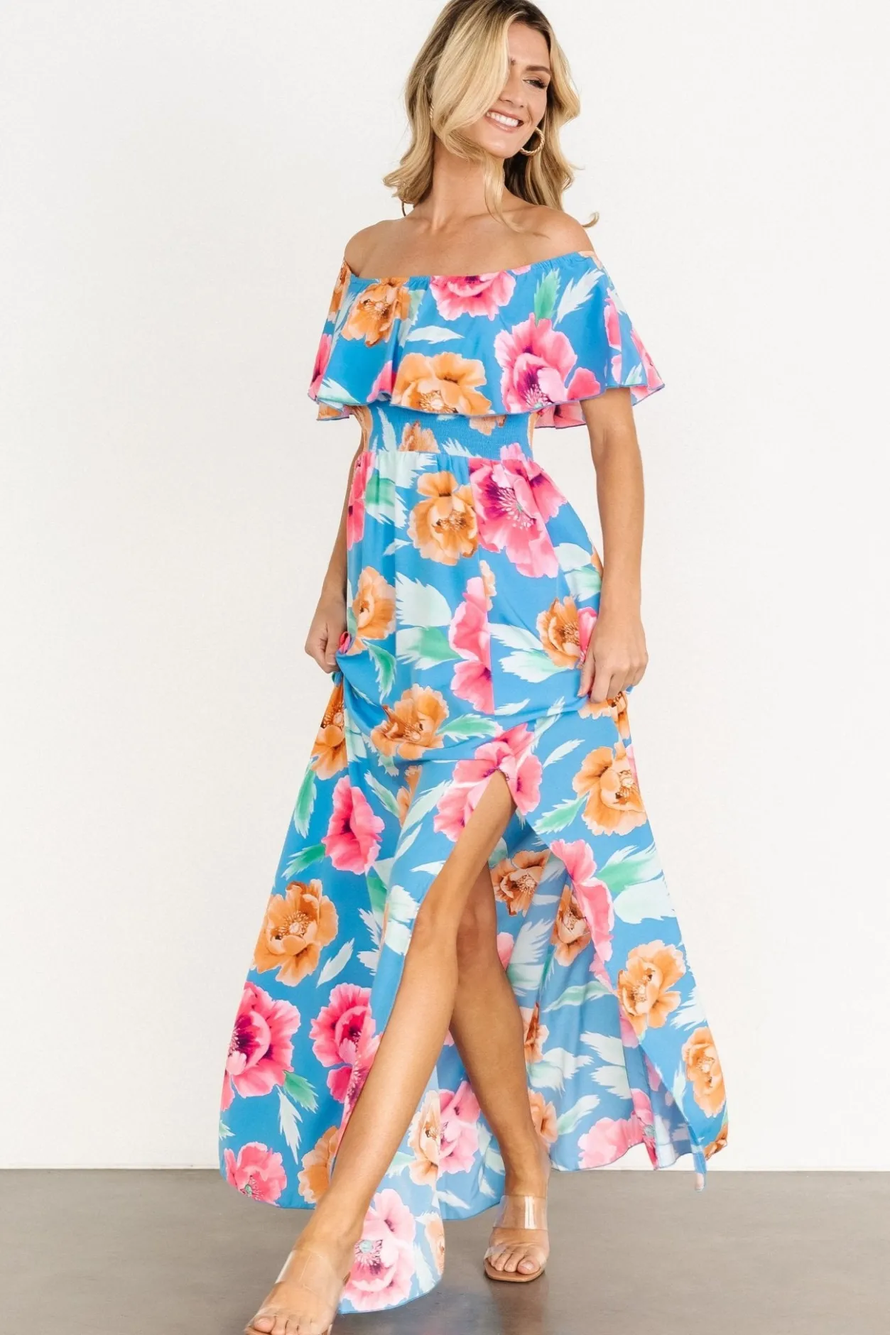 Clearance Baltic Born Talia Off Shoulder Maxi Dress | Sea Blue Floral SeaBlueFloral