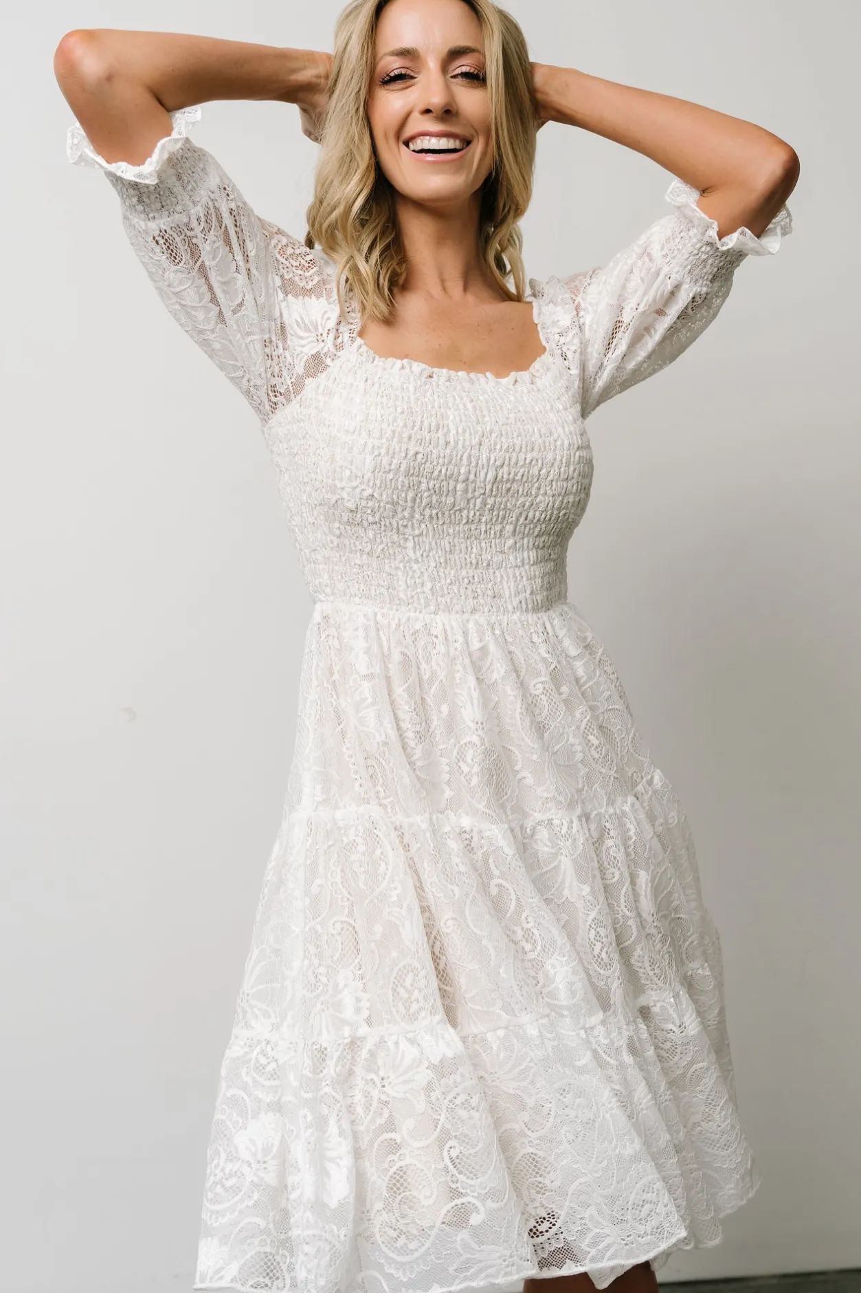 Discount Baltic Born Tate Smocked Lace Short Dress | Off White OffWhite
