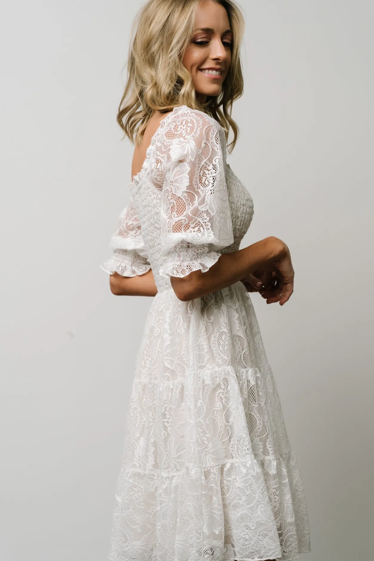 Discount Baltic Born Tate Smocked Lace Short Dress | Off White OffWhite