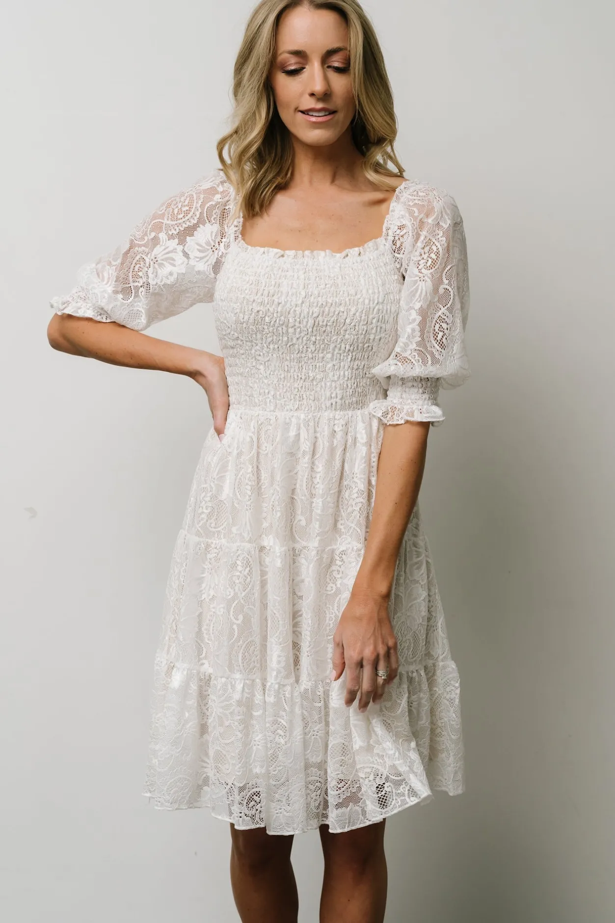 Discount Baltic Born Tate Smocked Lace Short Dress | Off White OffWhite