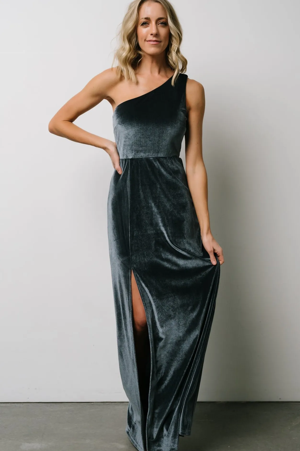 New Baltic Born Tatiana Velvet One Shoulder Maxi Dress | Slate Blue SlateBlue