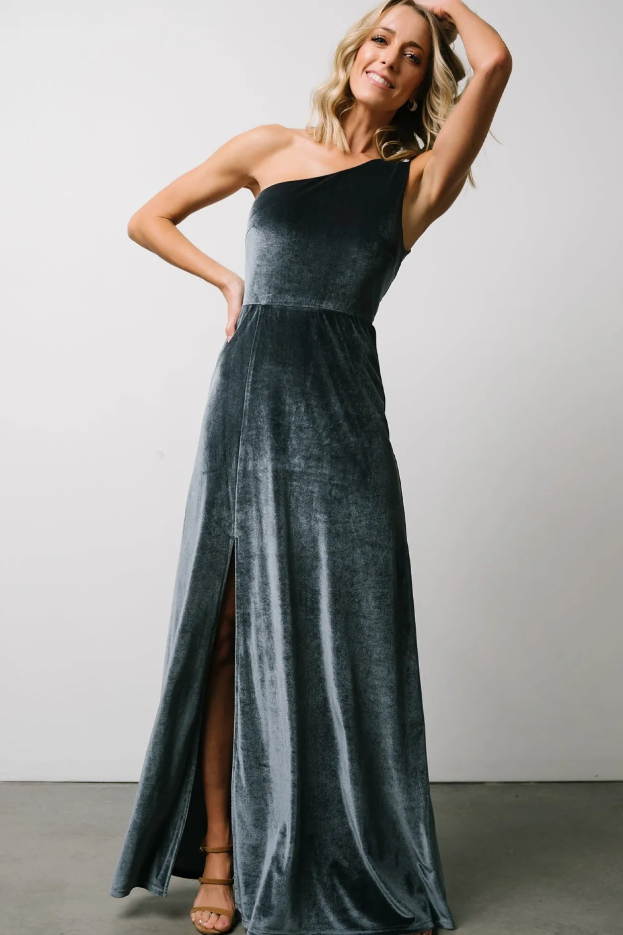 New Baltic Born Tatiana Velvet One Shoulder Maxi Dress | Slate Blue SlateBlue