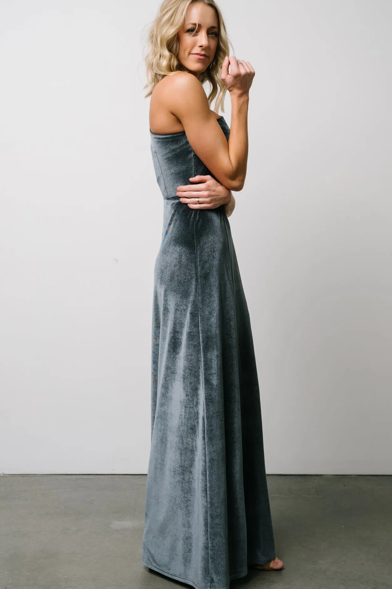 New Baltic Born Tatiana Velvet One Shoulder Maxi Dress | Slate Blue SlateBlue