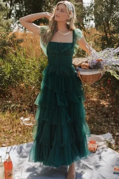 Sale Baltic Born Valora Swiss Dot Tulle Maxi Dress | Dark Green DarkGreen