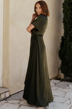 Outlet Baltic Born Vara Satin Maxi Wrap Dress | Dark Olive DarkOlive