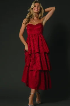Fashion Baltic Born Violetta Embossed Tiered Dress | Deep Red DeepRed