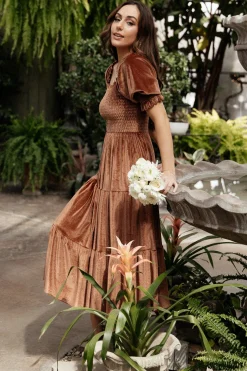Discount Baltic Born Vivaldi Smocked Velvet Midi Dress | Bronze