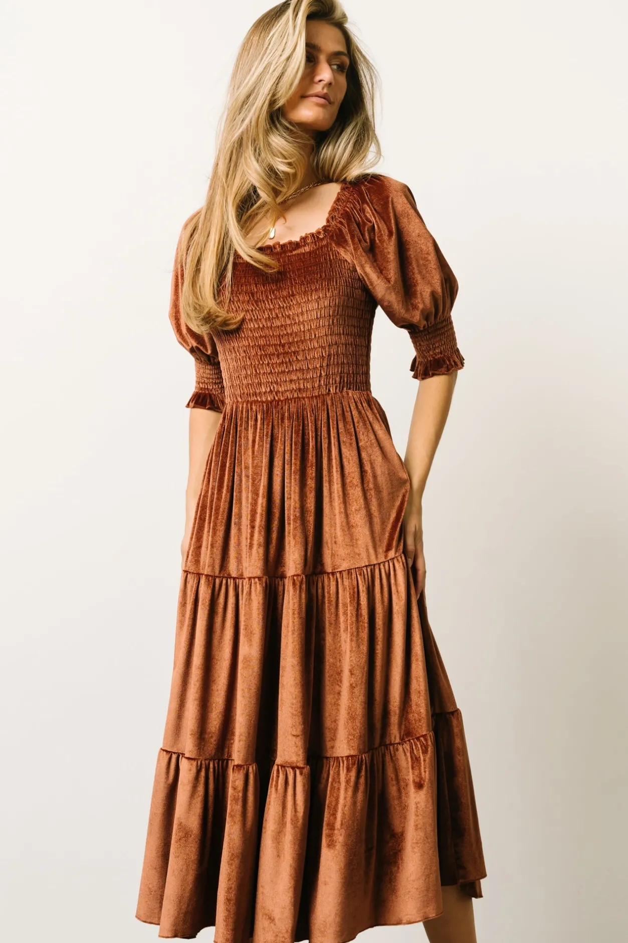 Discount Baltic Born Vivaldi Smocked Velvet Midi Dress | Bronze