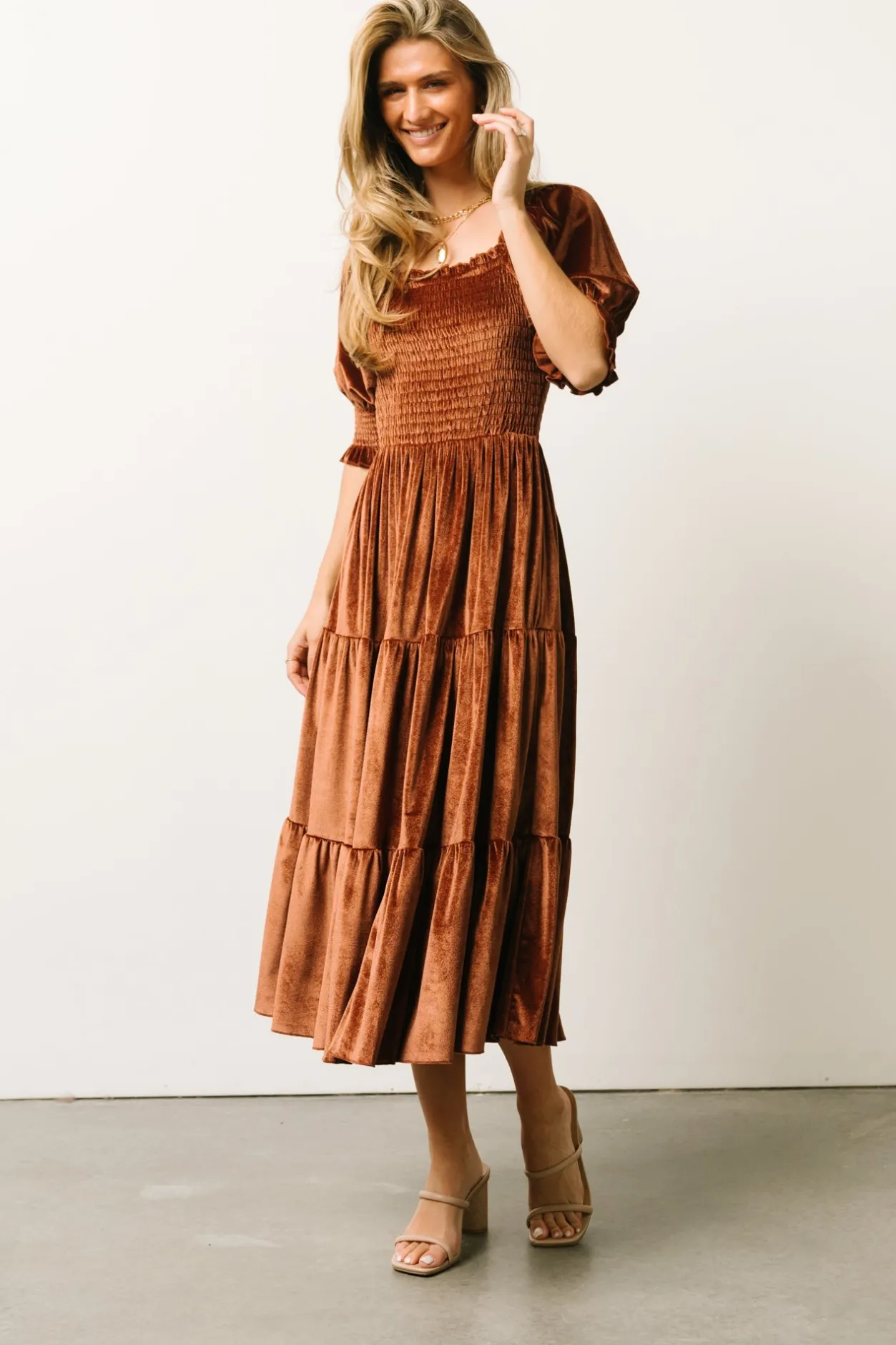 Discount Baltic Born Vivaldi Smocked Velvet Midi Dress | Bronze