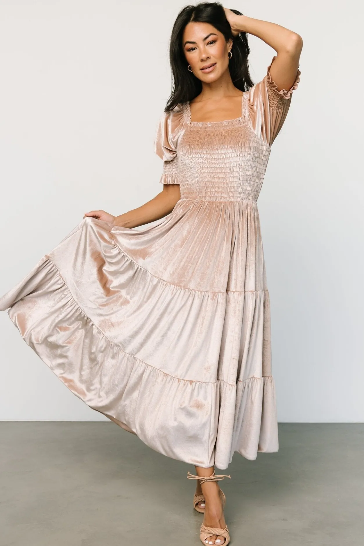 New Baltic Born Vivaldi Smocked Velvet Midi Dress | Champagne