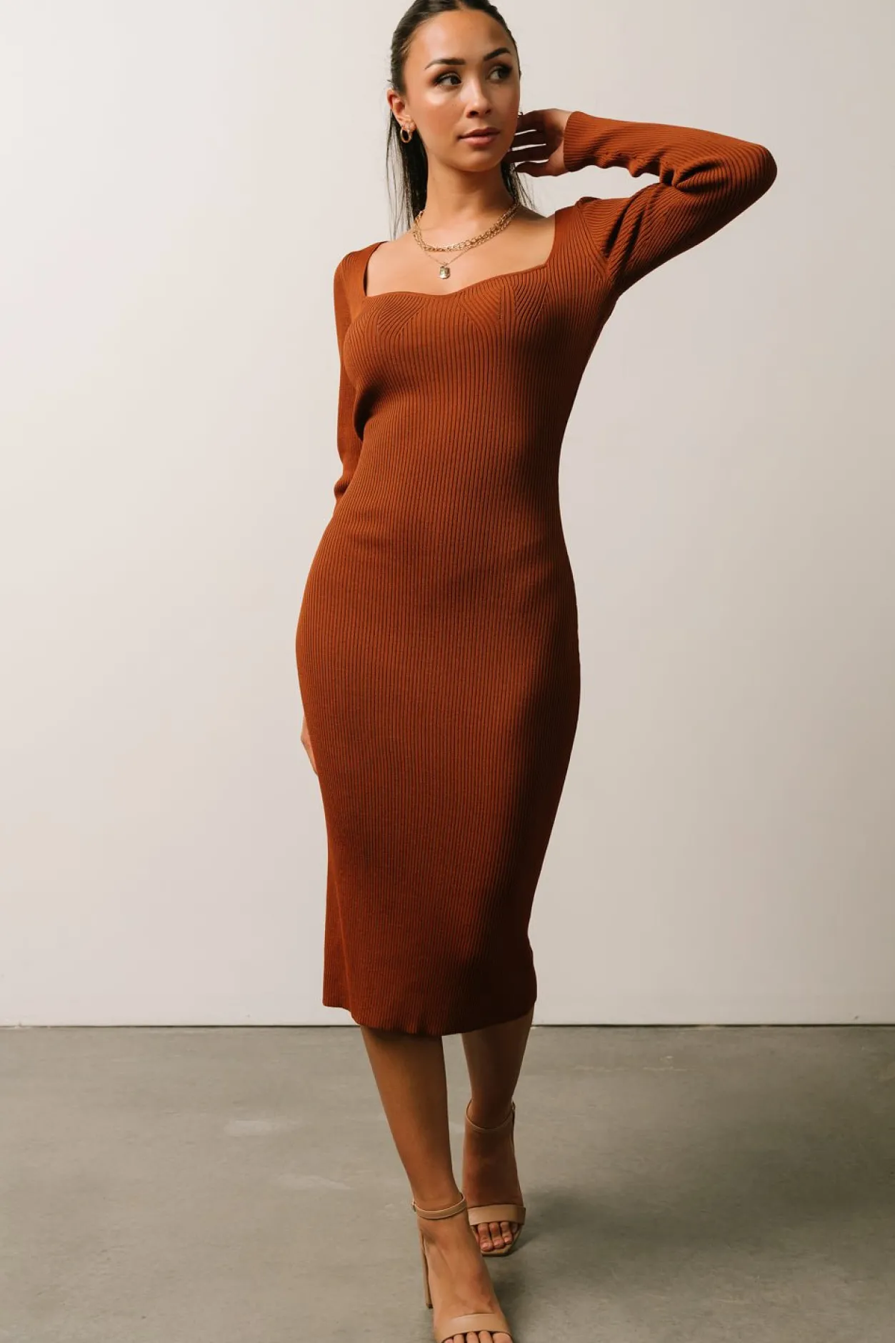 Discount Baltic Born Waldorf Ribbed Midi Dress | Chestnut
