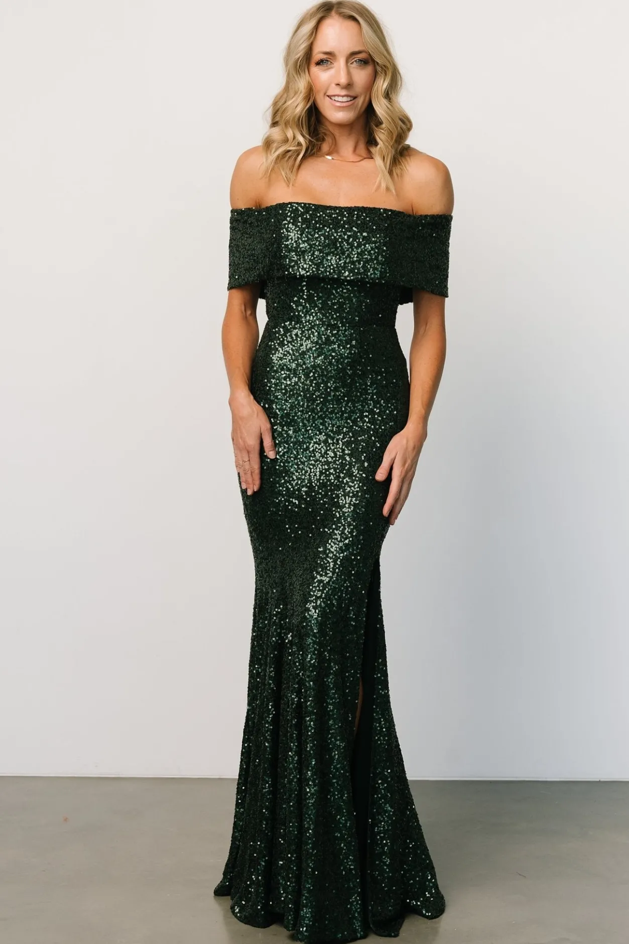 Clearance Baltic Born Yvonne Off Shoulder Sequin Gown | Green