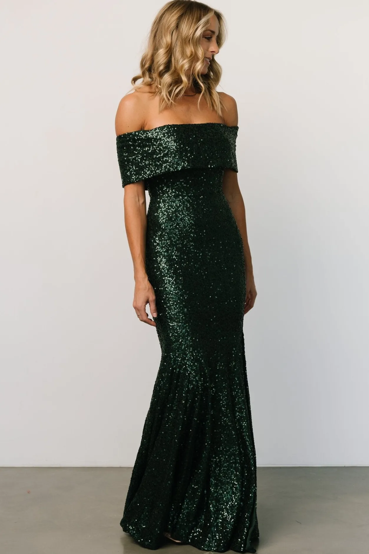 Clearance Baltic Born Yvonne Off Shoulder Sequin Gown | Green